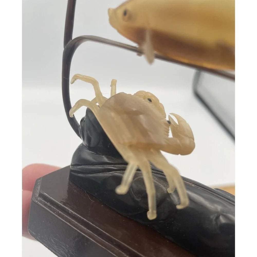 Vtg Asian Marine Sea Sculpture Horn Hand Carved Fish Crab Resin Beach Cabin